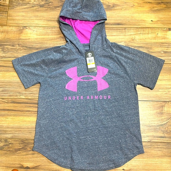 Under Armour Tops - NWT. Woman’s Grey & Purple Under Armour hooded T-shirt. Size M.